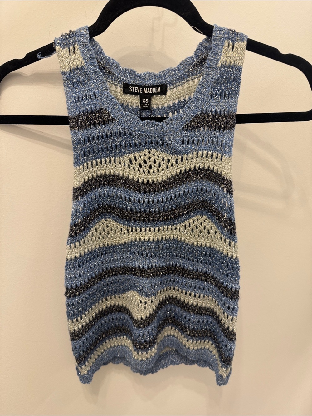 Steve Madden Blue Cream and Gray Open-Knit Stripe Tank